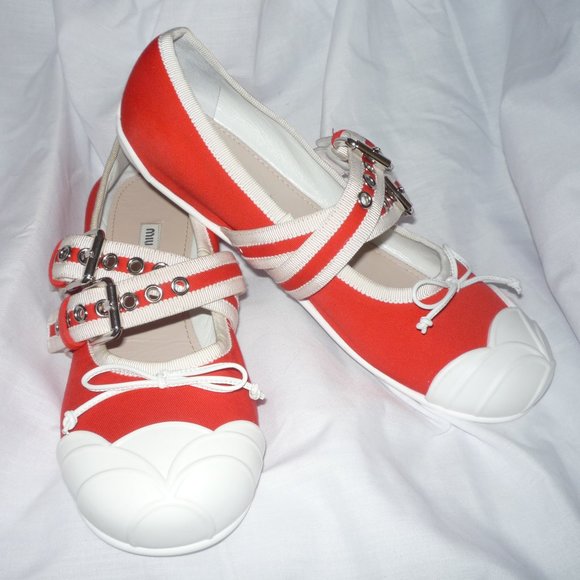 red canvas ballet shoes